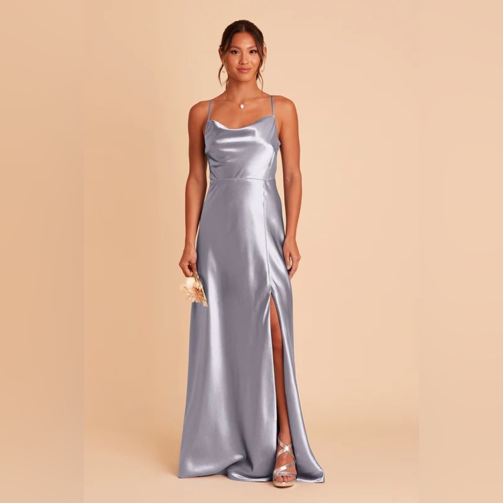 Bridesmaid LISA LONG DRESS SHINY SATIN DUSTY BLUE Birdy Grey